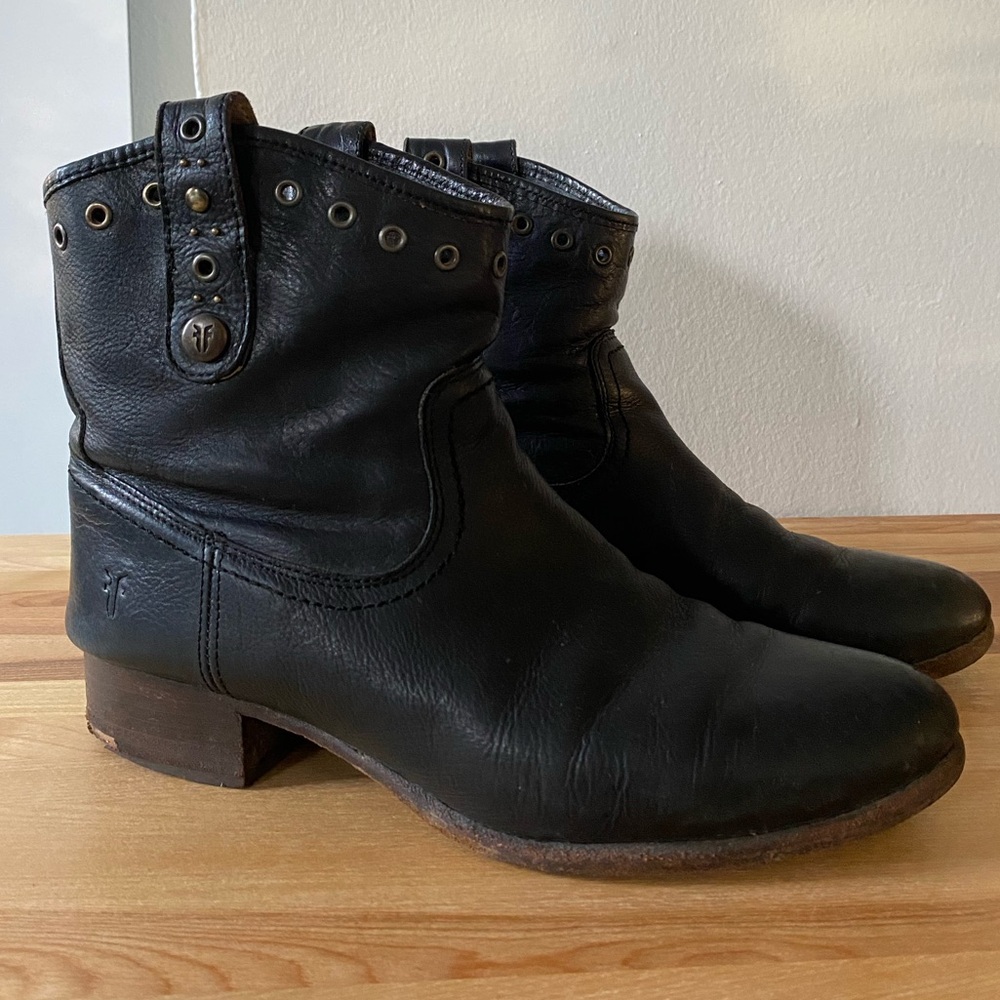 Frye Black Leather Ankle Boots with Stud Accents